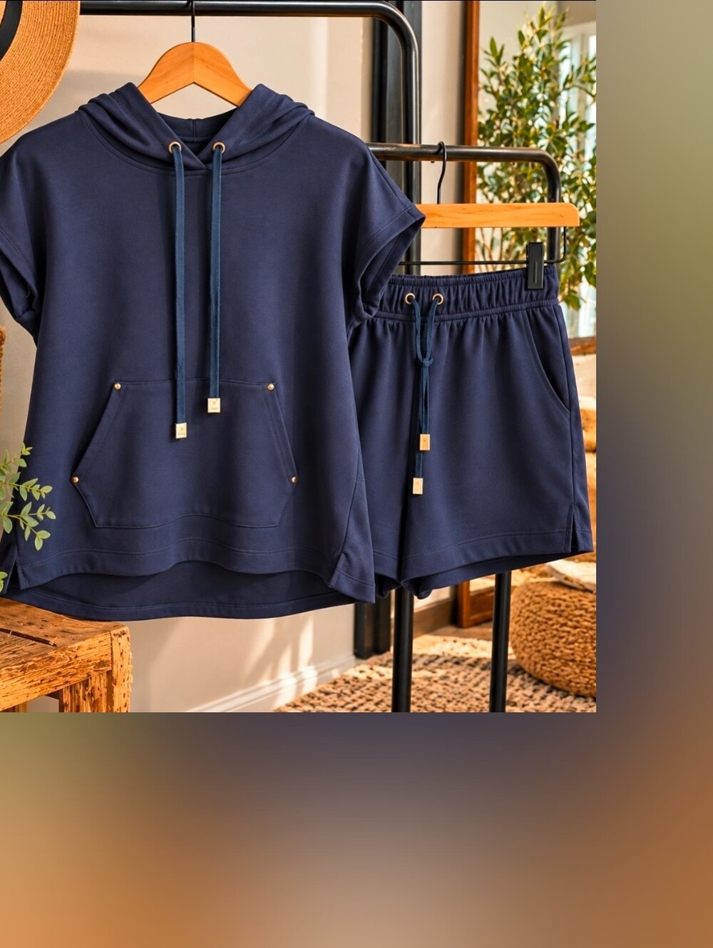 Elie Tahari Navy 2 Piece Hoodie Shorts Set Small Lounge Athleisure